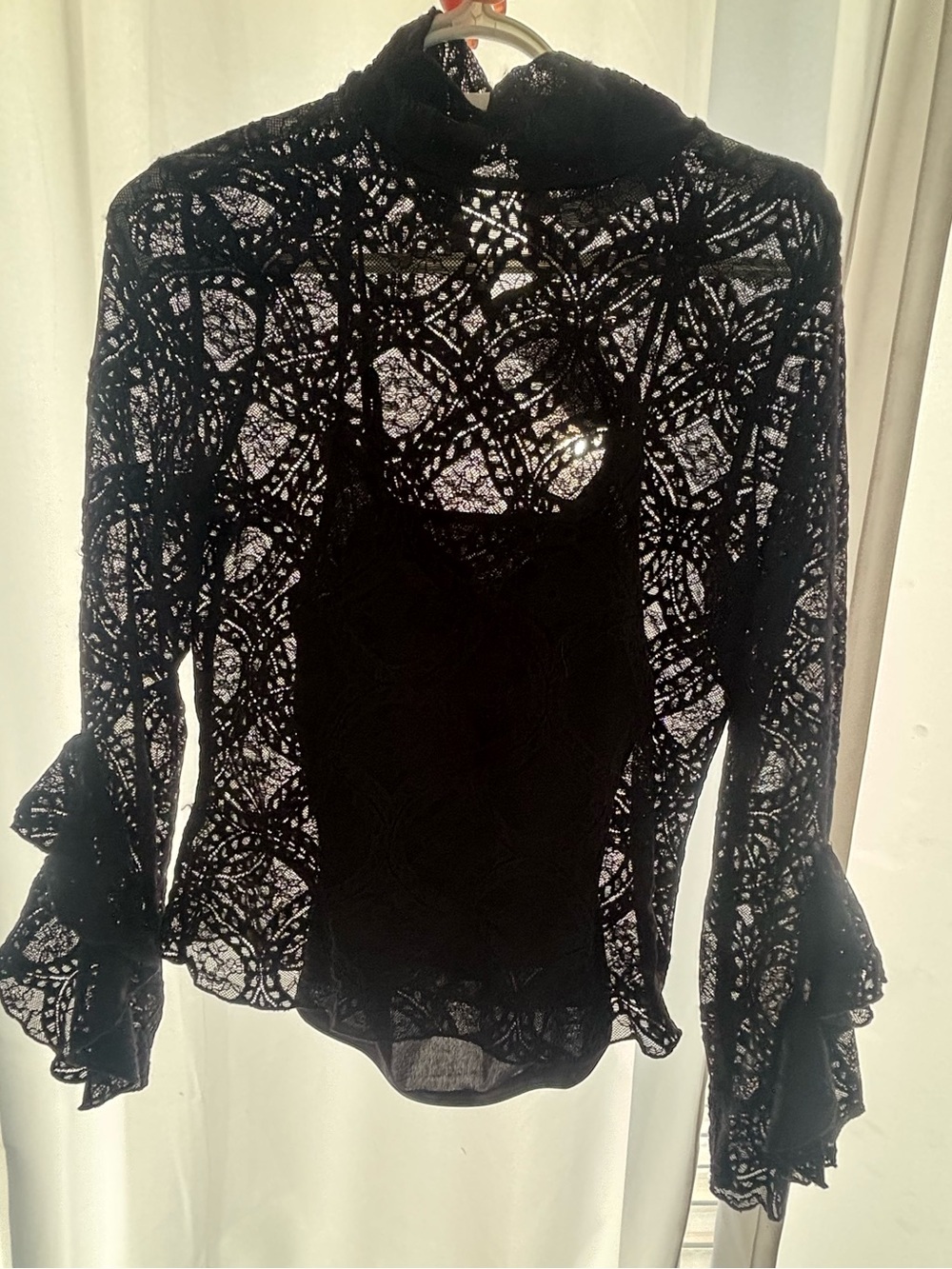Suzy Shier Black Lace Long-Sleeve Sheer Top with Ruffle Cuffs
